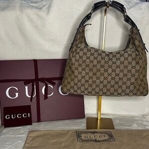 Gucci Beige GG Canvas Medium Horsebit Hobo Bag Authentic